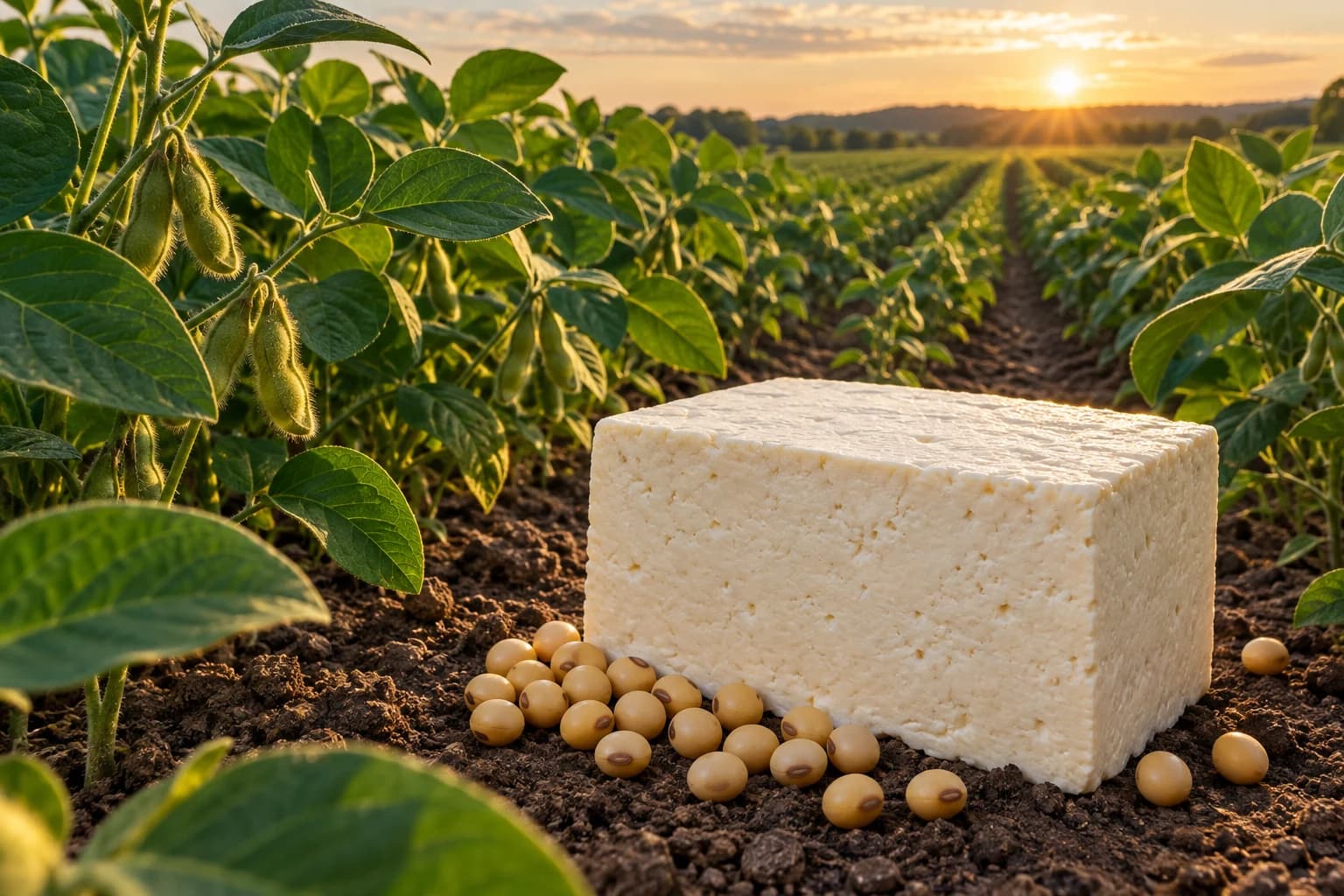 Campaign artwork showing a tofu block standing among sunlit soybean rows