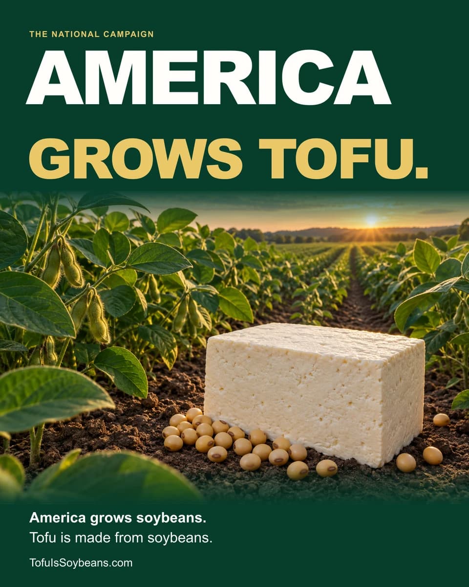 America Grows Tofu campaign poster with a tofu block among soybean rows