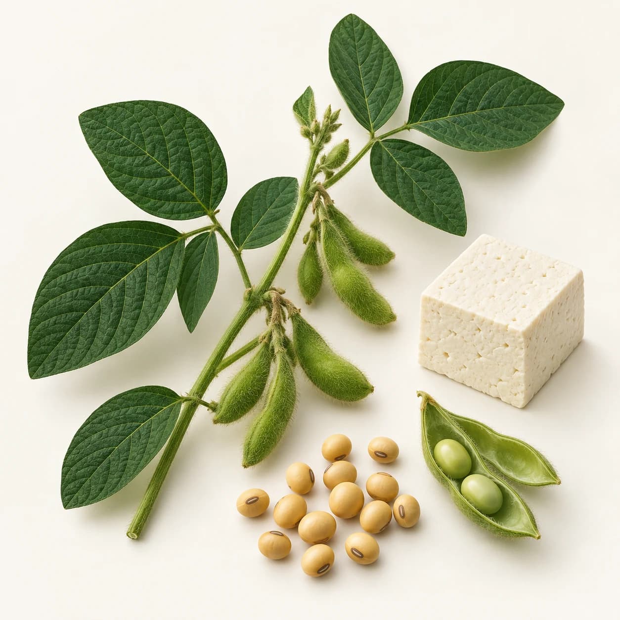 A soybean sprig, green pods, golden beans and a block of tofu