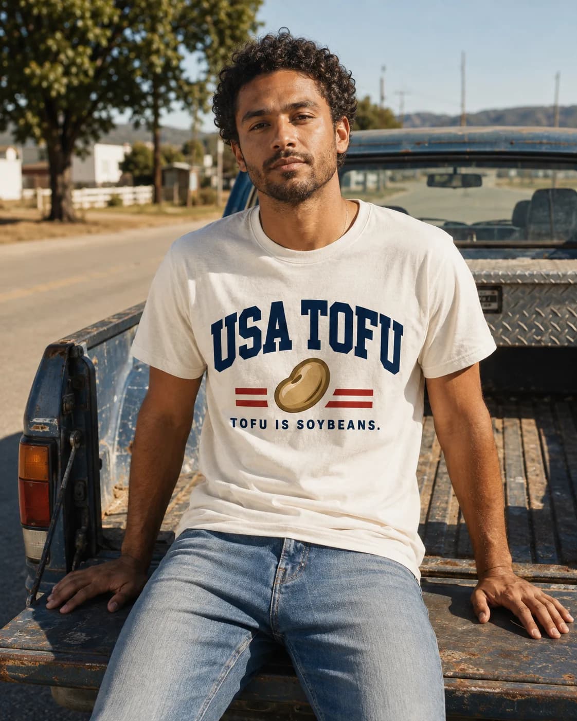 A man wearing the USA TOFU tee with ‘Tofu is Soybeans’ beneath the logo, sitting on a pickup tailgate