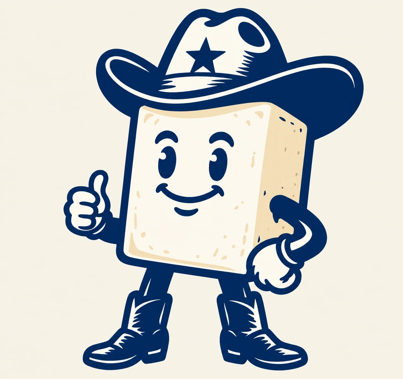 The smiling tofu cowboy in a star hat and boots