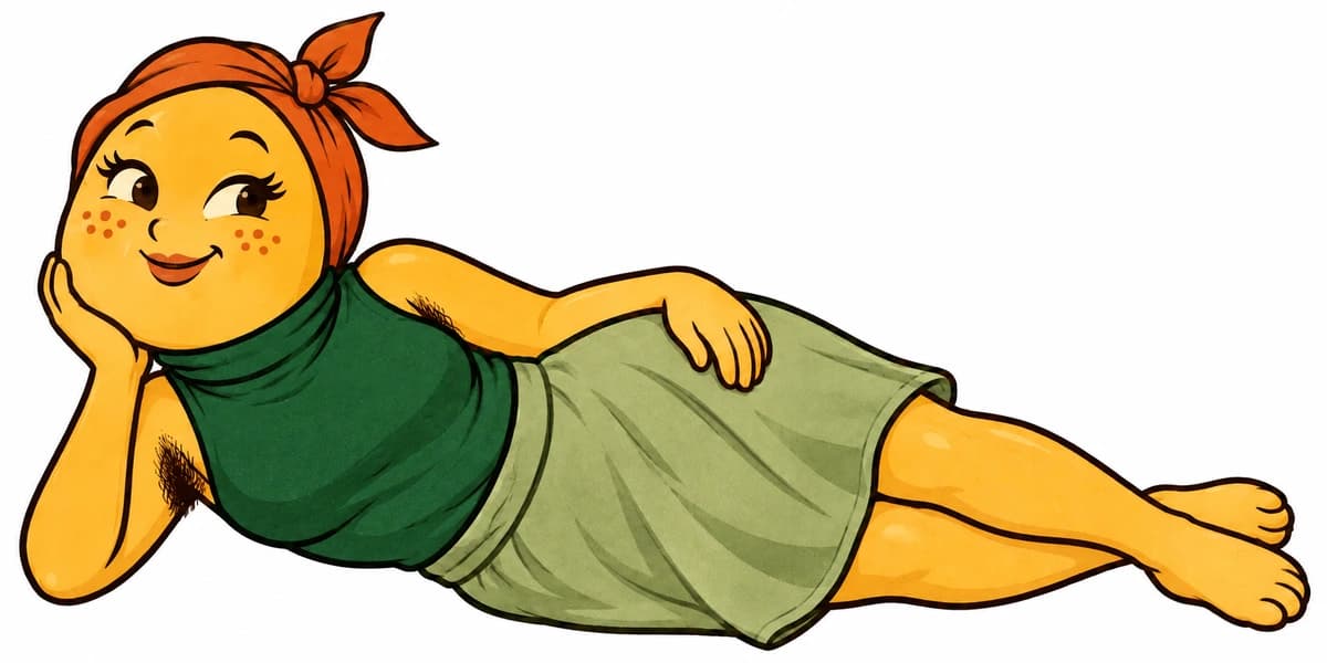 Beanie, a freckled soybean woman in a red-orange headscarf, green top, and sage skirt, lounging above the Unruly Bean wordmark